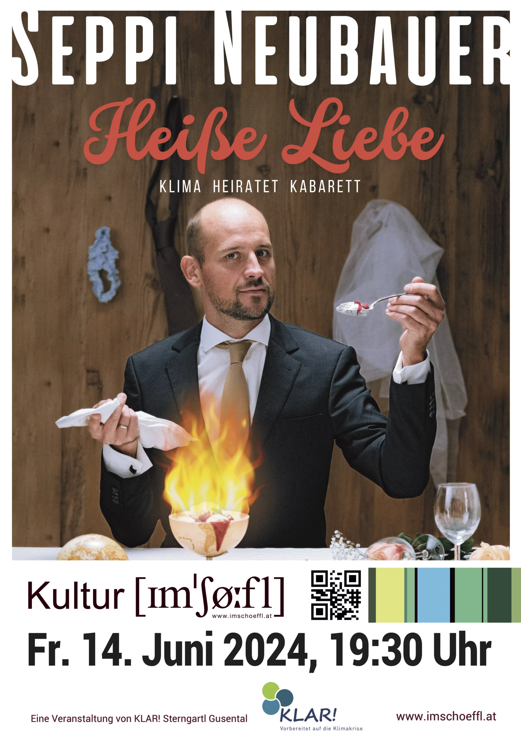 Plakat Seppi Neubauer "Heiße Liebe - Klima heiratet Kabarett" in Schweinbach