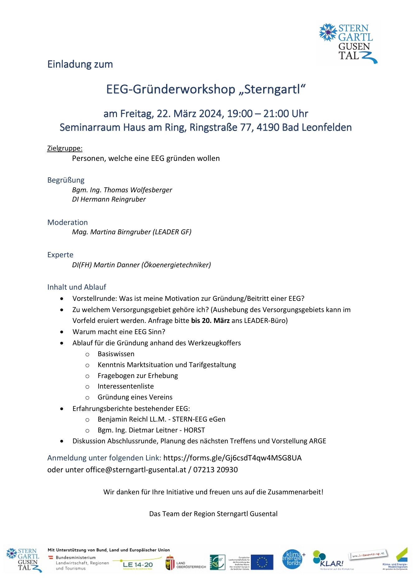 Einladung EEG-Gründerworkshop "Sterngartl" in Bad Leonfelden