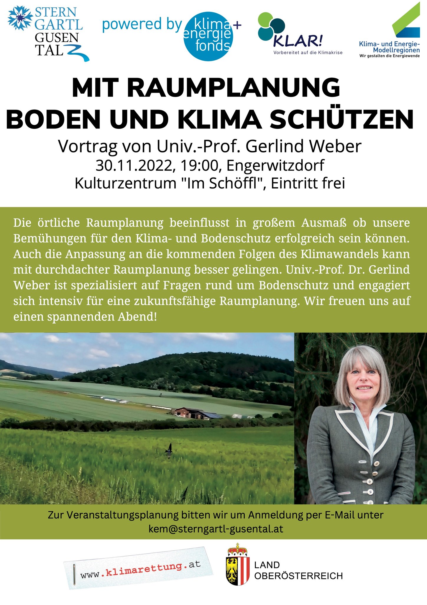 Plakat Vortrag "Mit Raumplanung Boden und Klima schützen"
